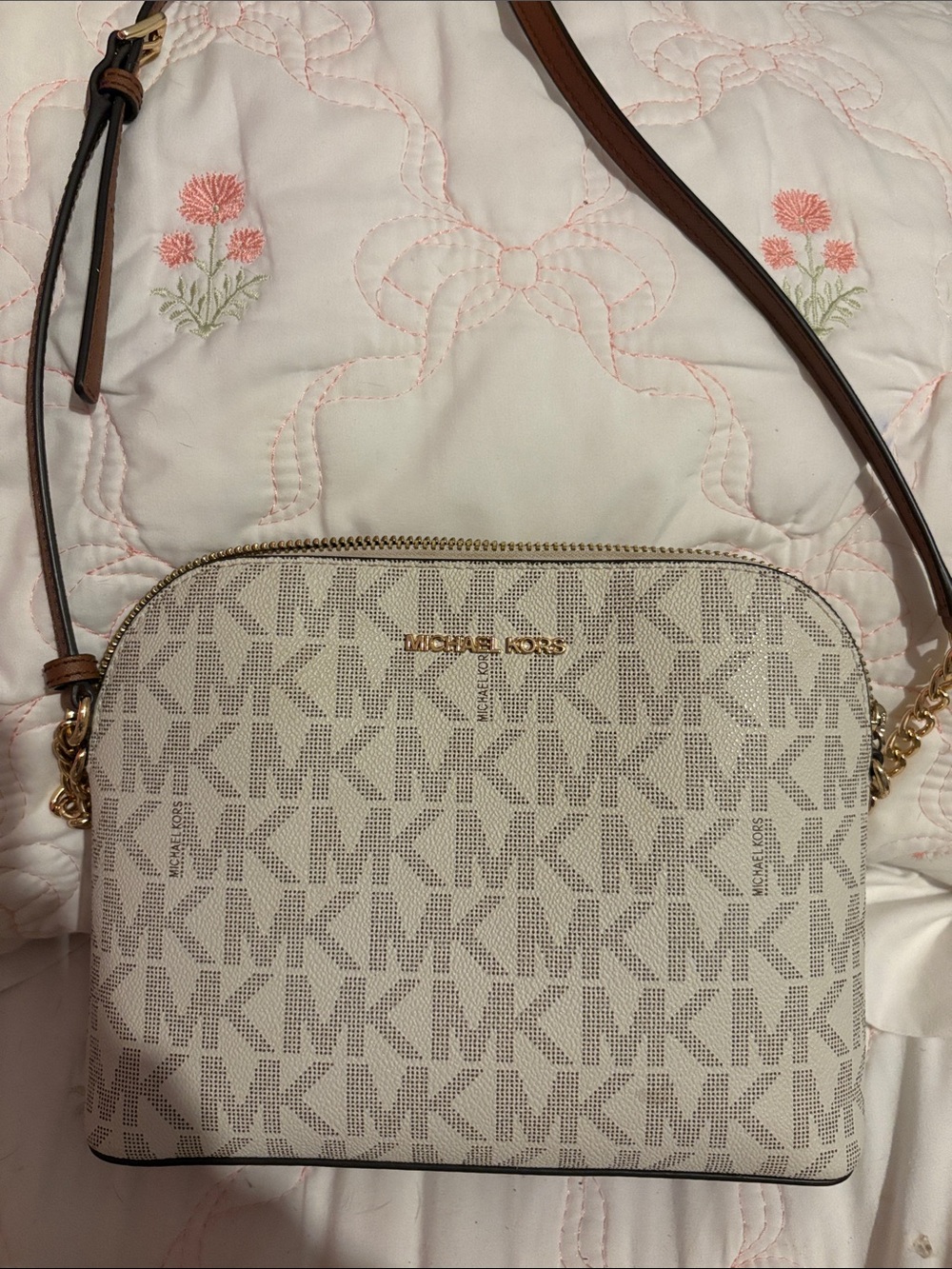 Michael Kors Beige Logo Crossbody with Brown Trim